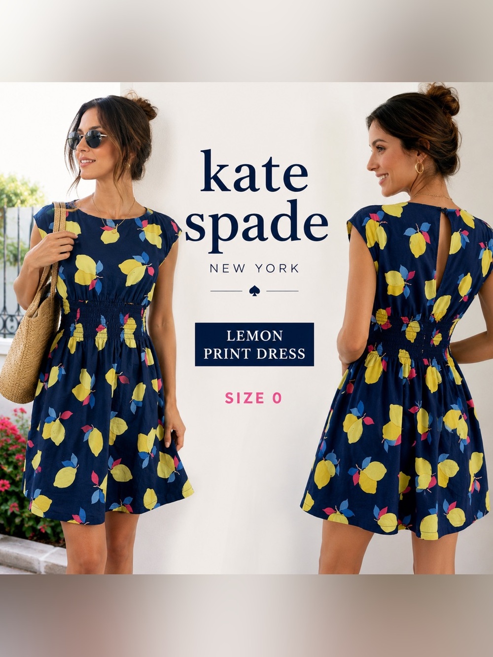 Kate Spade New York Lemon Print Smocked Waist Cotton Dress Size 0